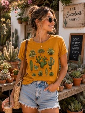 Fifth Sun Mustard Yellow Cactus Graphic T-Shirt Succulent Desert Botanical Tee L